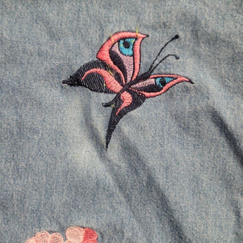 Vintage Denim Midi Dress S Blue Floral Butterfly Embroidered Puff Sleeve Kidcore - Picture 16 of 16